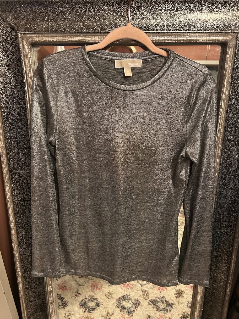 Michael Kors Silver Metallic Long-Sleeve Crewneck Top